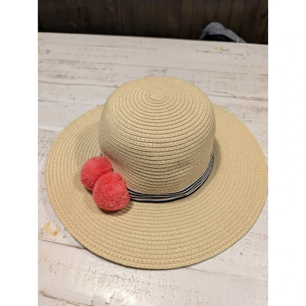 Talbots Women's Wide Brim Sun Hat Black White Pink Pom Pom Beach Summer Vacation